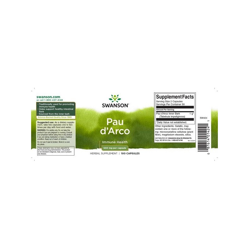 Swanson Pau D\'Arco 500 mg 100 Capsule - 2 | YEO