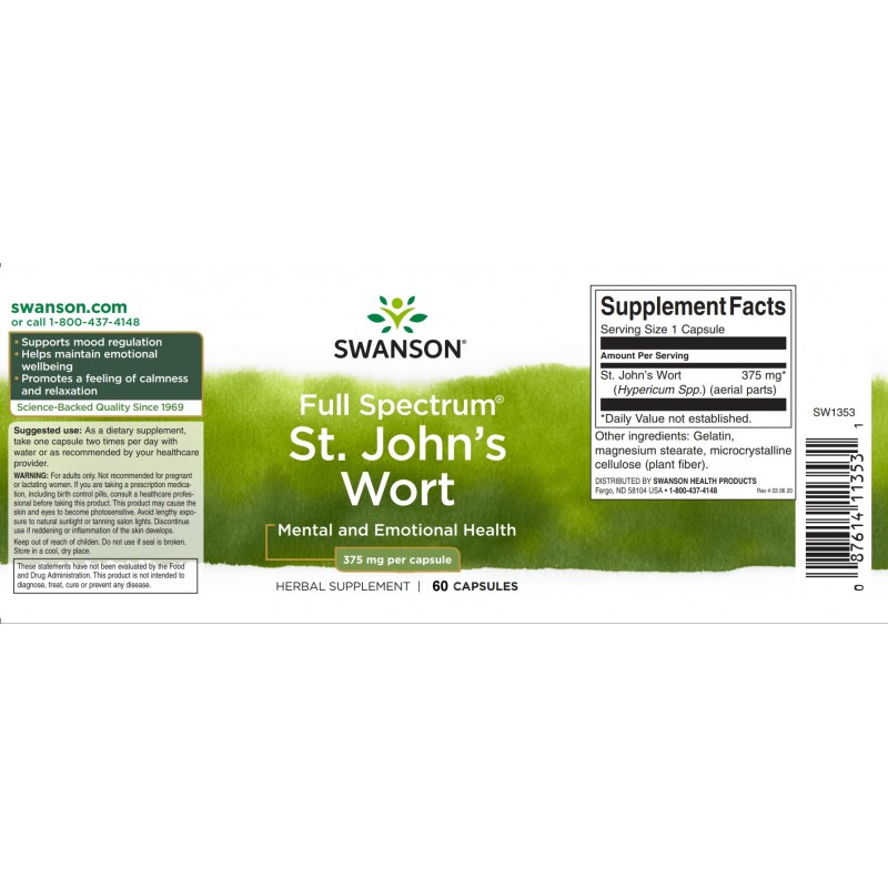 St. John\'s Wort - Sunatoare 375mg 60 Capsule, Swanson - 1 | YEO