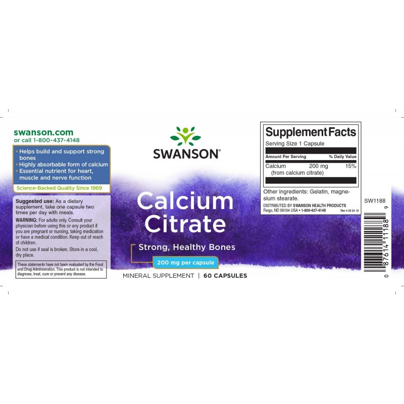 Swanson Calcium Citrate 200mg 60 Capsule - 1 | YEO