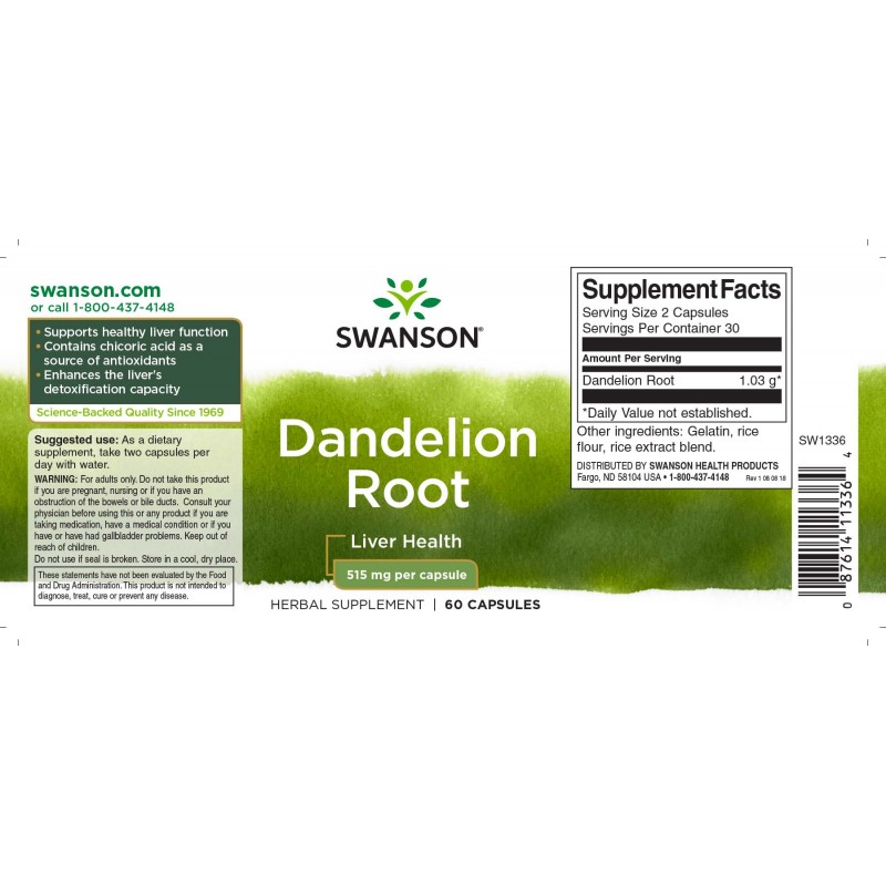 Dandelion Root Papadie 515mg 60 Capsule, Swanson - 2 | YEO