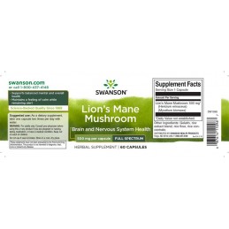 Lion’s Mane Mushroom (Coama Leului) 500 mg 60 capsule, Swanson Lion’s Mane beneficii: nootropic, bun antioxidant, suporta sistem