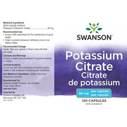 Swanson Potassium Citrate 99 mg 120 Capsule – Potasiu pentru Echilibru Electrolitic si Muschi Potassium Citrate beneficii: sprij
