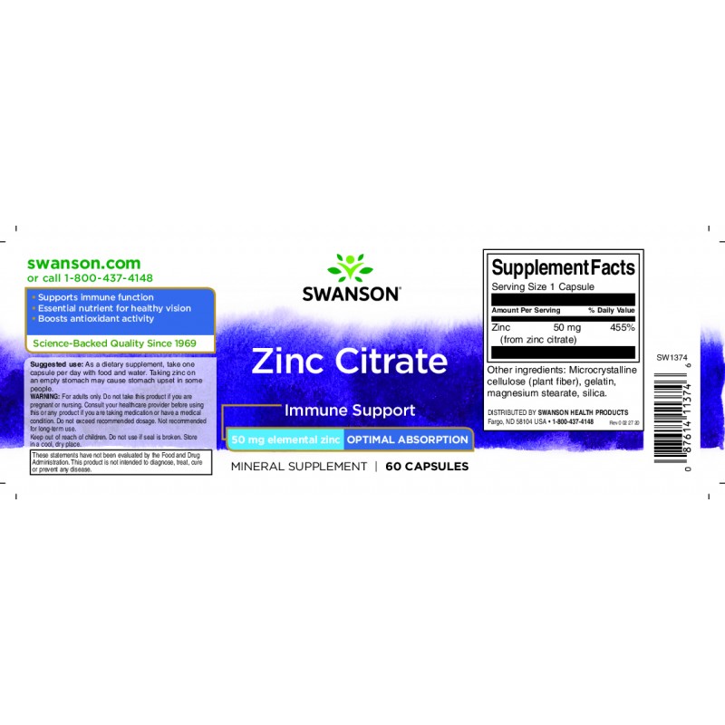 Zinc Citrate 50mg 60 Capsule, Swanson - 1 | YEO