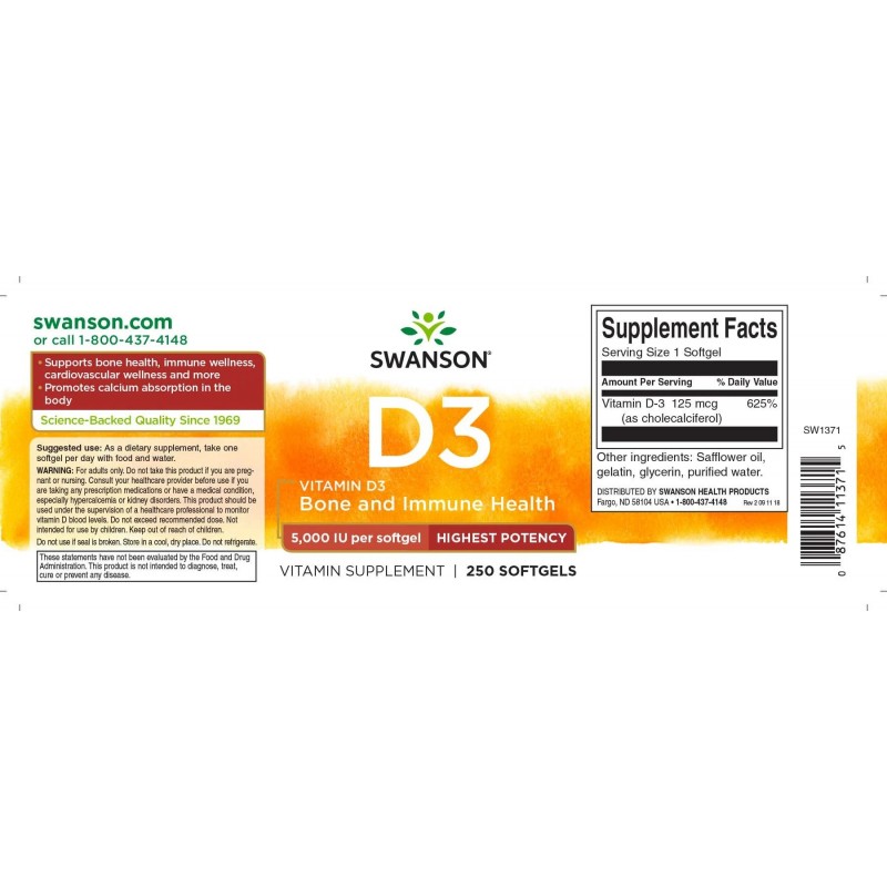 Vitamina D3 5000 IU 250 Capsule, Swanson - 2 | YEO