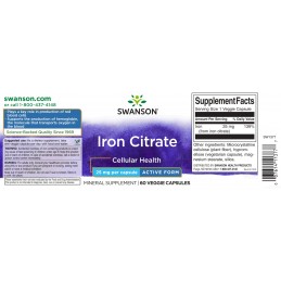 Swanson Fier Citrat 25 mg – 60 Capsule – Pentru Anemie si Energie Zilnica Beneficiile fierului: are concentratie mare pentru sus