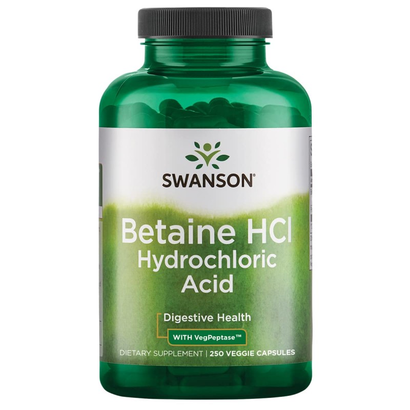 Swanson Betaine HCl cu Pepsina – 250 Capsule – Digestie si Acid Gastric Beneficii Betaine HCL: sustine procesul digestiv, ajuta 