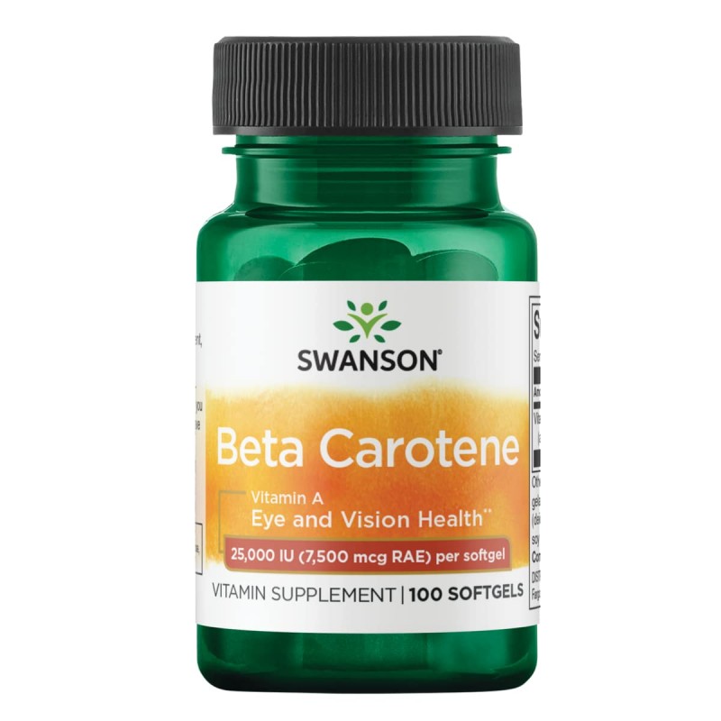 Beta Carotene 25.000 IU (7.500mcg) 100 Capsule Swanson BENEFICII BETA CAROTENE: dezvolta un bronz auriu, contribuie la protejare