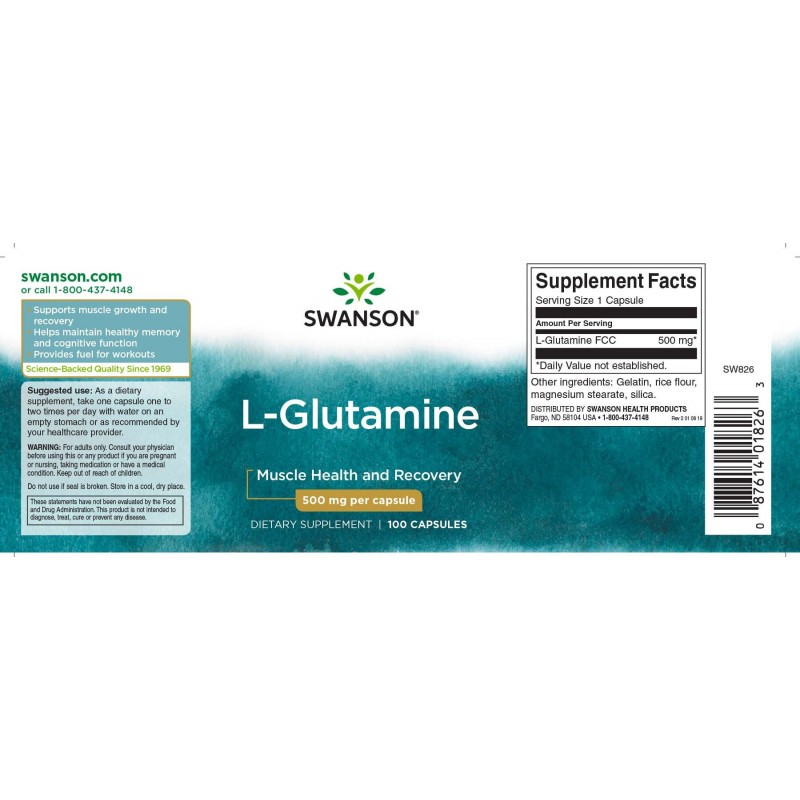 L-Glutamine 500mg 100 Capsule Swanson - 2 | YEO