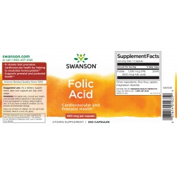 Swanson Acid Folic 800 mcg – 250 Capsule – Vitamina B9 pentru Sarcina si Energie Beneficii acid folic: este esential pentru sana