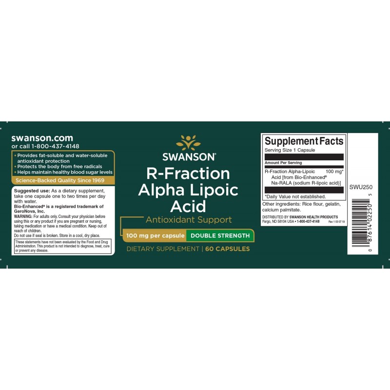 R-Fraction Alpha Lipoic Acid 100mg 60 Capsule Swanson - 1 | YEO