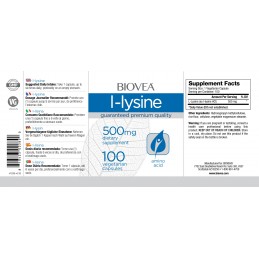 Biovea L-LYSINE (L-Lizina) 500mg 100 Capsule Beneficii L-Lizina: ajuta la producerea de enzime, hormoni si anticorpi, componenta