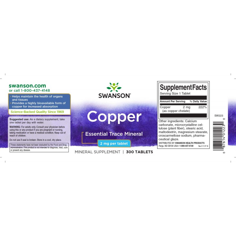 Copper - Cupru Chelat 2mg 300 Tablete Swanson - 2 | YEO