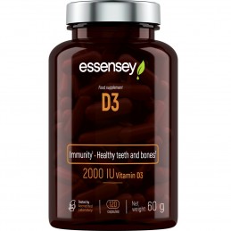 Vitamin D3 2000 IU 120 Capsule, Essensey Suplimentul alimentar D3 conține vitamina D3, care susține imunitatea organismului și a