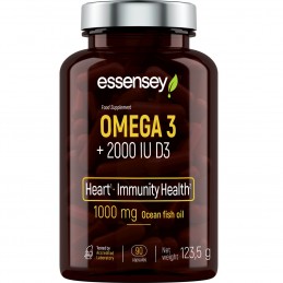 Omega-3 + D3 2000 IU 90 Capsule, Essensey ESSENSEY OMEGA 3 + D3 este un supliment alimentar care combină acizi grași omega-3 și 