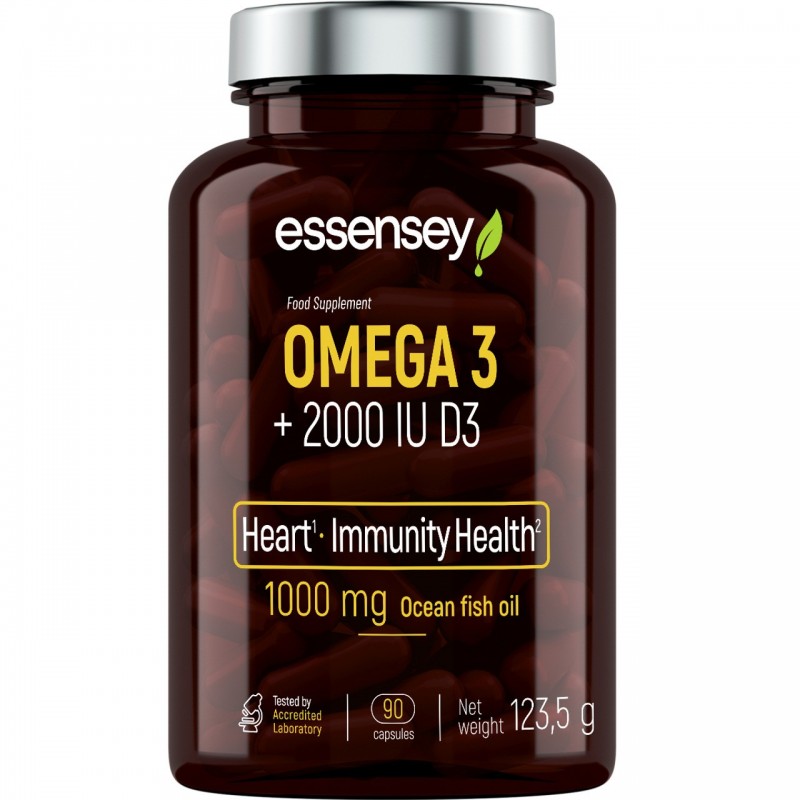 Omega-3 + D3 2000 IU 90 Capsule, Essensey ESSENSEY OMEGA 3 + D3 este un supliment alimentar care combină acizi grași omega-3 și 