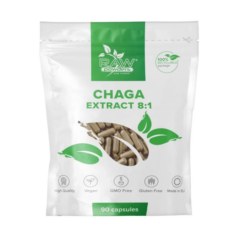 RAW Powders Chaga Extract 8:1 500 mg 90 capsule - Suport imunitar si Antioxidant BENEFICII CHAGA: ajuta la mentinerea functionar