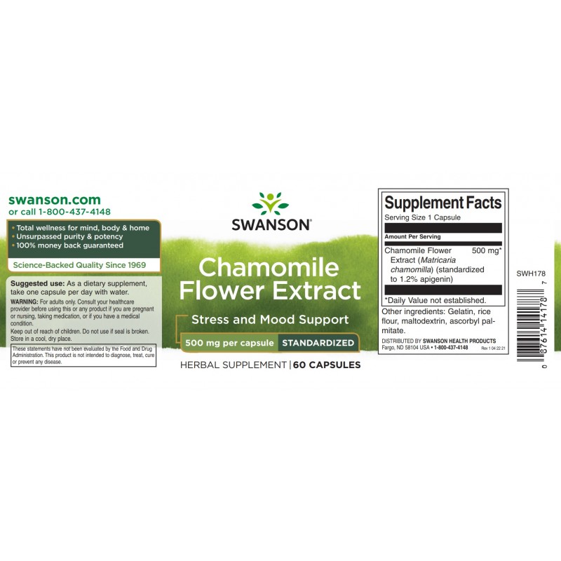 Chamomile Flower Extract (Musetel - Apigenin) 500mg 60 Capsule, Swanson - 1 | YEO