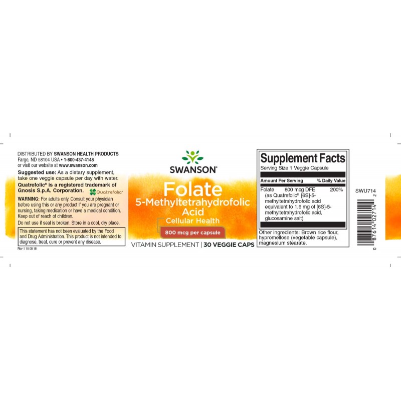 Folate (5-Methyltetrahydrofolic Acid) 800mcg 30 Capsule, Swanson - 2 | YEO