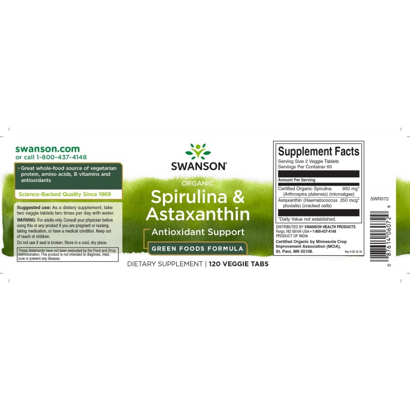 Organic Spirulina & Astaxantina 120 tablete, Swanson - 2 | YEO