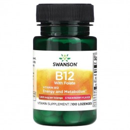 Vitamin B12 + Folate, 1.000mcg, 100 pastile, Aroma Capsuni, Swanson – Sprijină producția de energie, metabolismul și sănătatea n