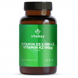 Vitamin D3 Depot 5000 IU + Vitamin K2 100mcg - 180 Tablete vegane, Vitabay Vitamina D3 K2 - 100% vegană: Formula noastră Depot o