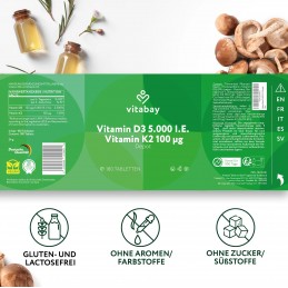 Vitamin D3 Depot 5000 IU + Vitamin K2 100mcg - 180 Tablete vegane, Vitabay Vitamina D3 K2 - 100% vegană: Formula noastră Depot o