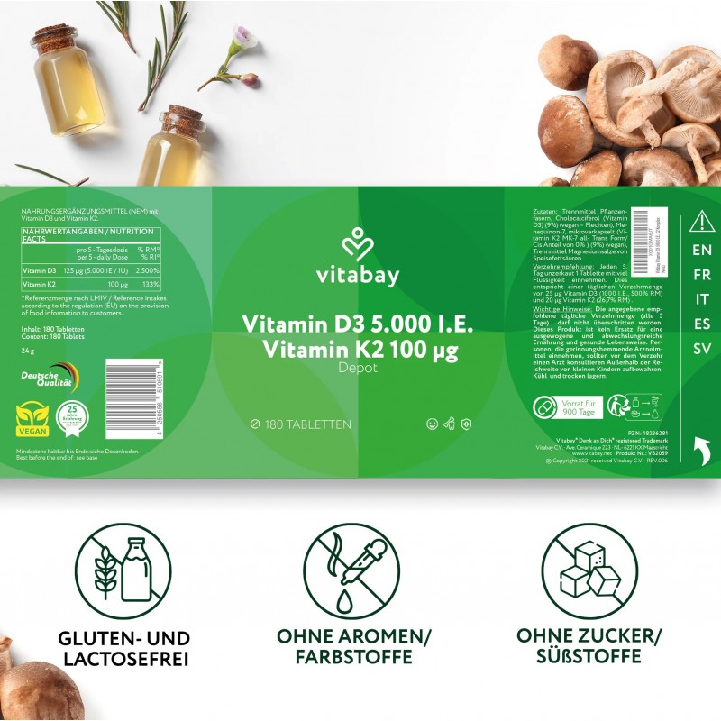 Vitamin D3 Depot 5000 IU + Vitamin K2 100mcg - 180 Tablete vegane, Vitabay - 1 | YEO