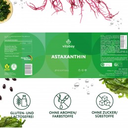 Astaxanthin 12mg - 90 Capsule moi, Vitabay Astaxantină pură: Derivată natural din microalge. Parte a liniei noastre vegane, fără