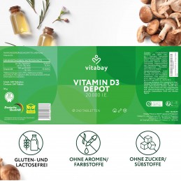 Vitabay Vitamina D3 - 20.000 UI - 240 Tablete vegane Beneficii Vitamina D3: ajuta la mentinerea sanatatii oaselor, suport pentru