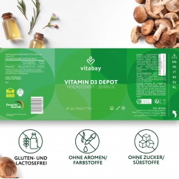 Vitabay Vitamina D3 - 20.000 UI - 365 Tablete vegane Beneficii Vitamina D3: ajuta la mentinerea sanatatii oaselor, suport pentru