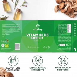 Vitabay Vitamina D3 5000 UI 120 tablete - Imunitate si oase puternice Beneficii Vitamina D3: ajuta la mentinerea sanatatii oasel
