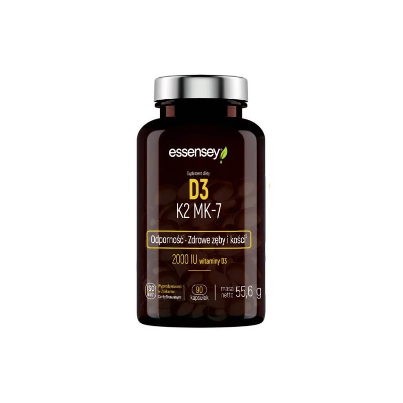 Essensey Vitamina D3 + K2 MK-7 90 cps - Absorbtie Optima Calciu SURSĂ BOGATĂ DE VITAMINĂ D3 ȘI K2 ÎN FORMĂ MK7 CU ABSORBARE PUTE