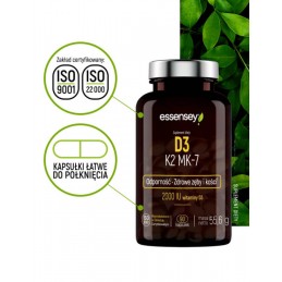 Essensey Vitamina D3 + K2 MK-7 90 cps - Absorbtie Optima Calciu SURSĂ BOGATĂ DE VITAMINĂ D3 ȘI K2 ÎN FORMĂ MK7 CU ABSORBARE PUTE