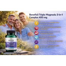 Swanson Triple Magnesium Complex 400mg 100 Capsule – Complex 3 Tipuri de Magneziu pentru Crampe si Oboseala Beneficii Triple Mag