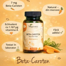 Vegavero Beta Carotene 180 Capsule – Piele Luminoasa BENEFICII BETA CAROTENE: dezvolta un bronz auriu, contribuie la protejarea 