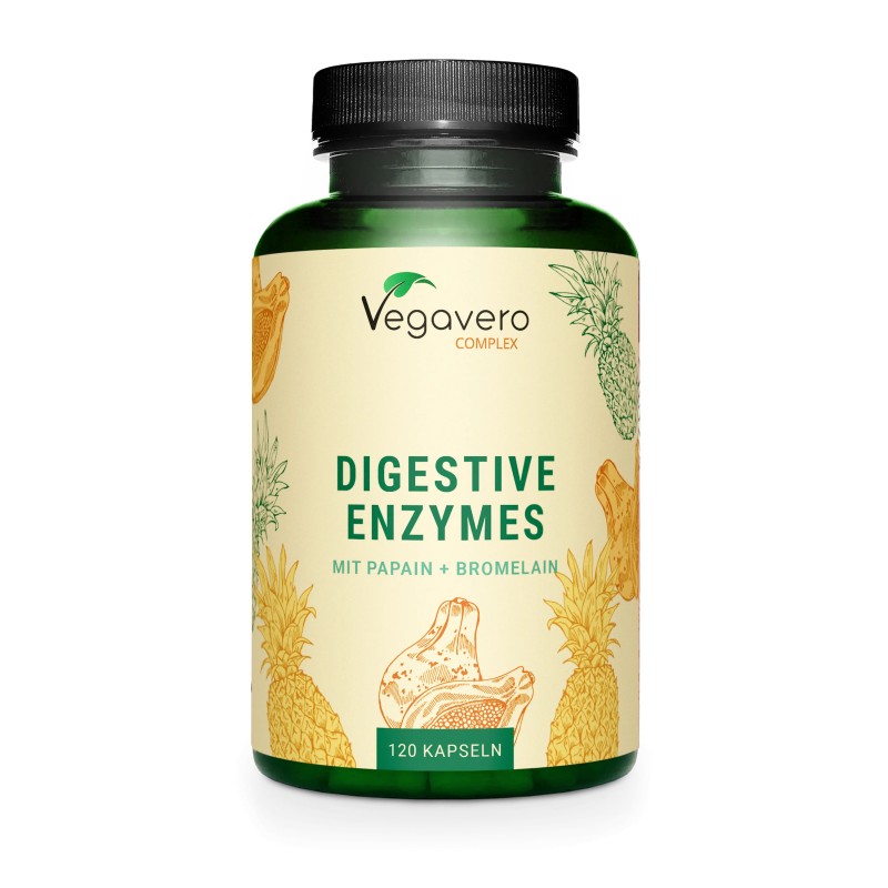 Vegavero Digestive Enzymes Complex 120 Capsule – Digestie Usoara Enzimele digestive sunt esentiale pentru o digestie sanatoasa, 