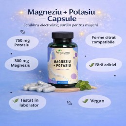 Vegavero Magneziu + Potasiu 180 Capsule – Muschi & Electroliti Beneficii Magneziu + Potasiu: poate stimula performanta exercitii