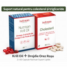 Krill Oil + Drojdie Orez Roșu 2x60 Capsule Nutrisan Suport Lipidic Scade colesterolul și trigliceridele mărite, natural și efici