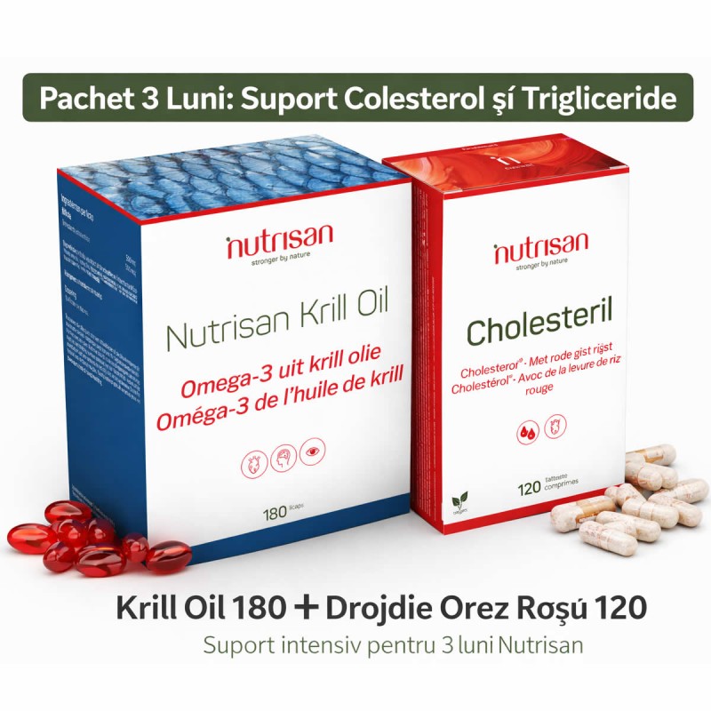 Nutrisan Krill Oil 180 + Drojdie Orez Roșu 120 Suport Colesterol Cholesterol Packet este un pachet de suplimente alimentare cu K