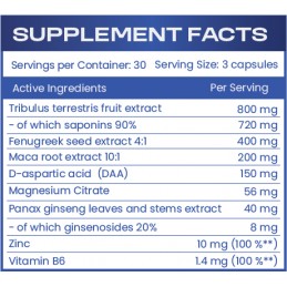 HS Labs Complex Tribulus Maca Ginseng 90 capsule – Energie Masculină Test Booster conține: Extract de Tribulus Terestris cu 90% 