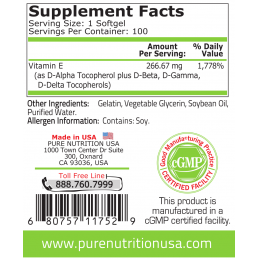 Pure Nutrition USA Vitamina E, 400 IU, 266 mg, 100 gelule Beneficii Vitamina E: antioxidant puternic, ajută la formarea de globu