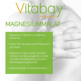 Vitabay Magneziu Malat 1000 mg - 180 Tablete Vegan Beneficii Malat de Magneziu: ajuta la eliminarea metalelor grele din organism