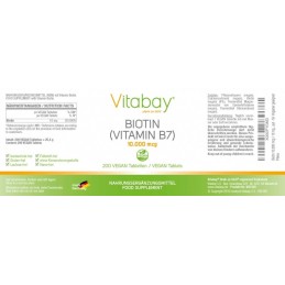Vitabay Biotina 10.000 mcg 10 mg 200 Tablete, Ajuta la cresterea parului Beneficii Biotina: promoveaza sanatatea pielii, parului