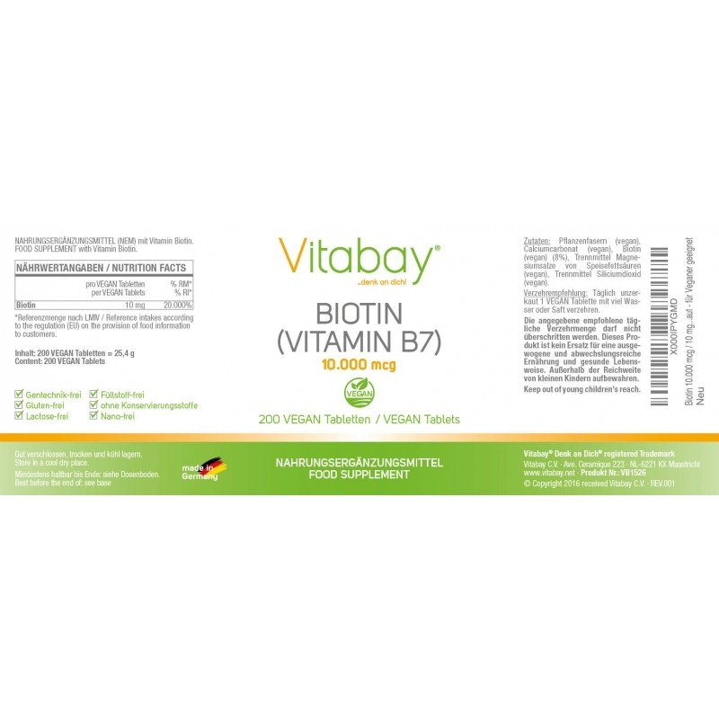 Biotina 10.000 mcg - 10 mg - 200 Tablete, Vitabay - 2 | YEO