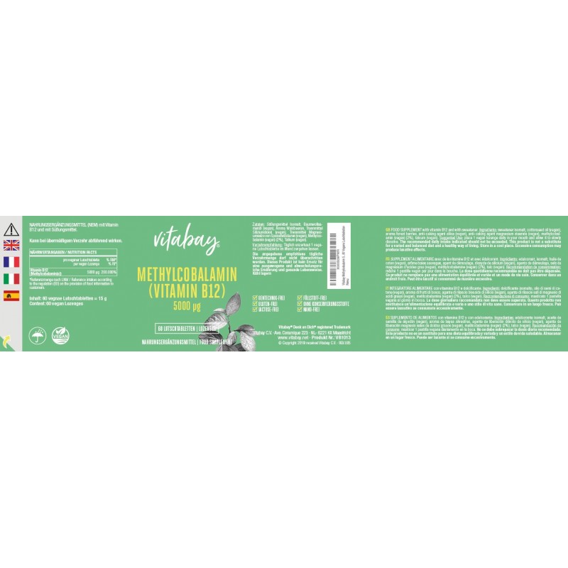 Vitabay Metilcobalamina, Vitamina B12, 5000 mcg, 60 Tablete vegane, 200.000% doza zilnica - 1 | YEO