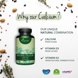 Calciu natural cu Vitaminele D3 si K2, 180 Capsule, Contravin coagulării sângelui Calciu natural vegan cu Vitamina D3 și Vitamin