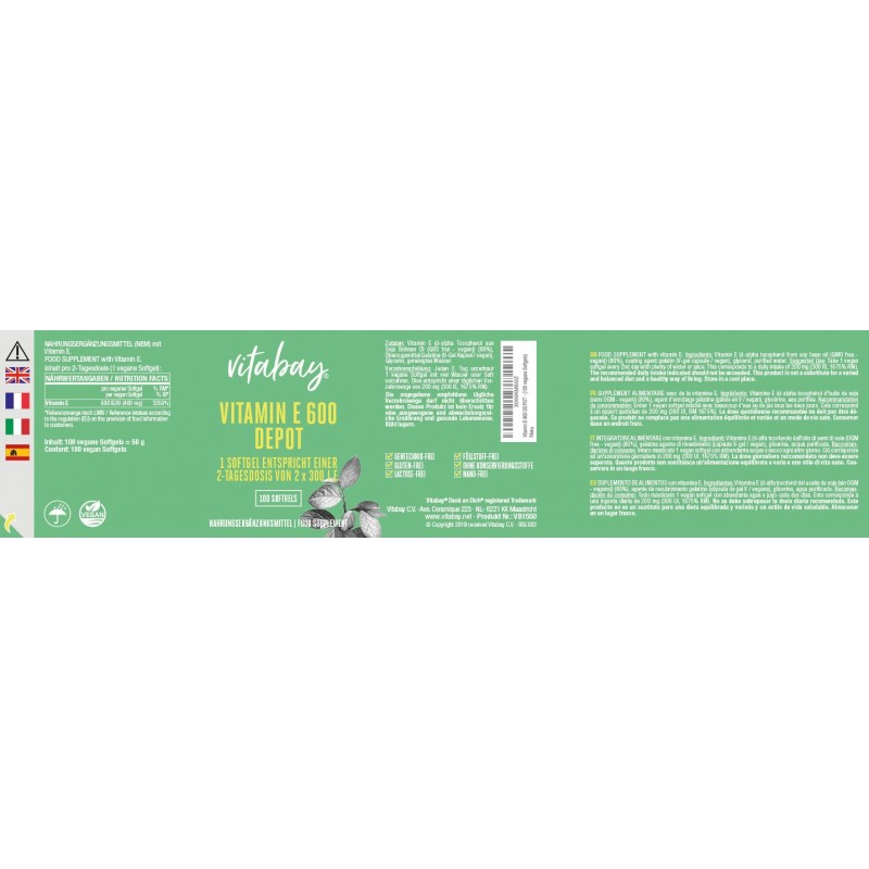 Vitabay Super Vitamina E 600 UI pe doza, doza mare, 100 Capsule vegan - 1 | YEO