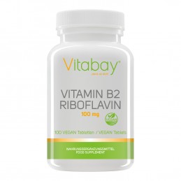 Vitabay Vitamina B2 (Riboflavina) 100 mg 100 Tablete Vegan Beneficii Vitamina B2: ajută la reducerea oboselii și epuizarii, func