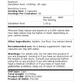 Swanson Dandelion Root (Papadie) 515 mg, 60 capsule – Suport Ficat si Digestie Dandelion Root Papadie beneficii: contine antioxi