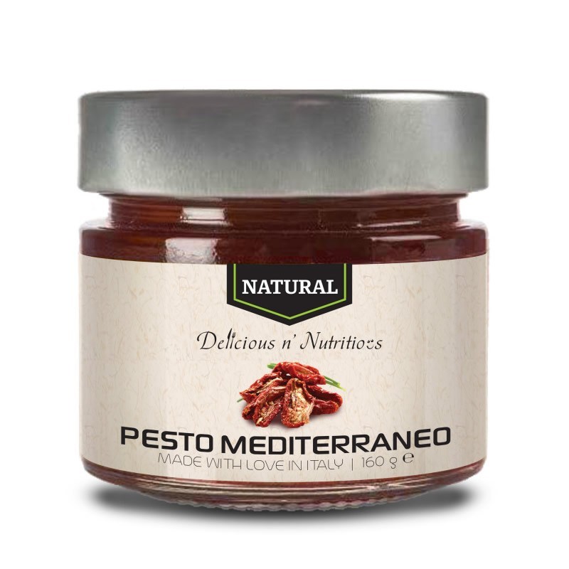 Pesto mediterraneo, 160 grame, Delicious Natural PESTO MEDITERRANEO este o pasta de rosii uscate, ulei de masline extra virgin, 